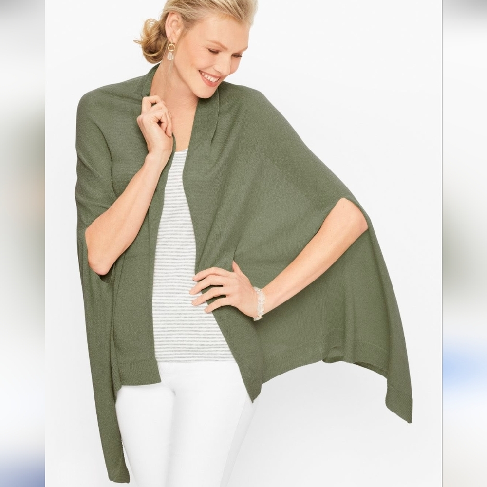 Talbots Womens Linen Ruana Wrap Poncho Sweater Olive Green Quiet Luxury‎ Large